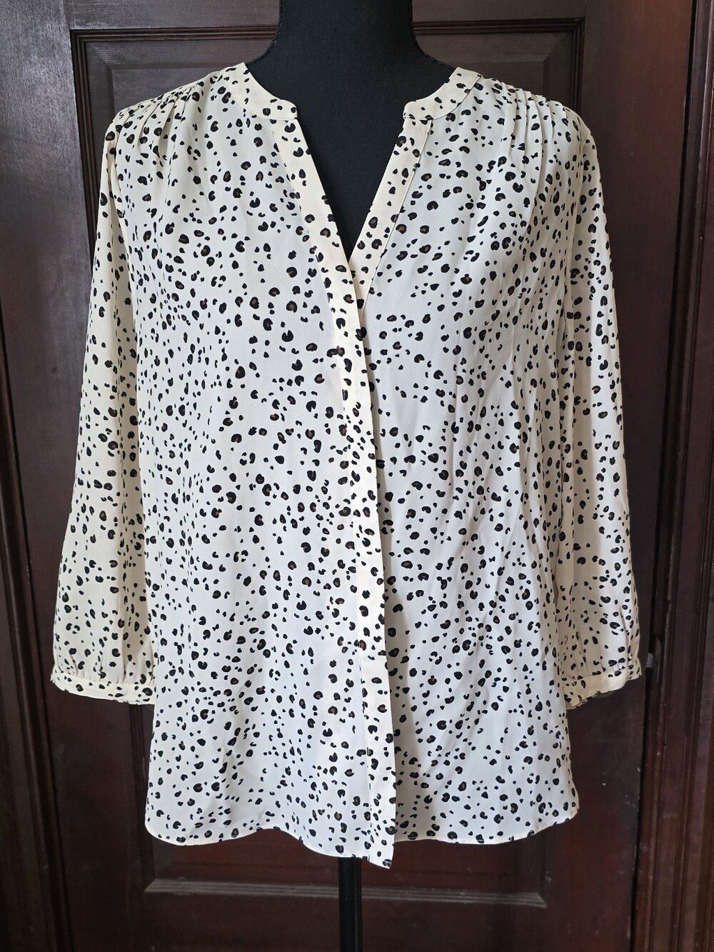 NYDJ Cream Blouse with Black Spot Print - Button Front